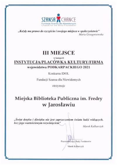 Dyplom - III Miejsce w konkursie Idol Województwa Podkarpackiego