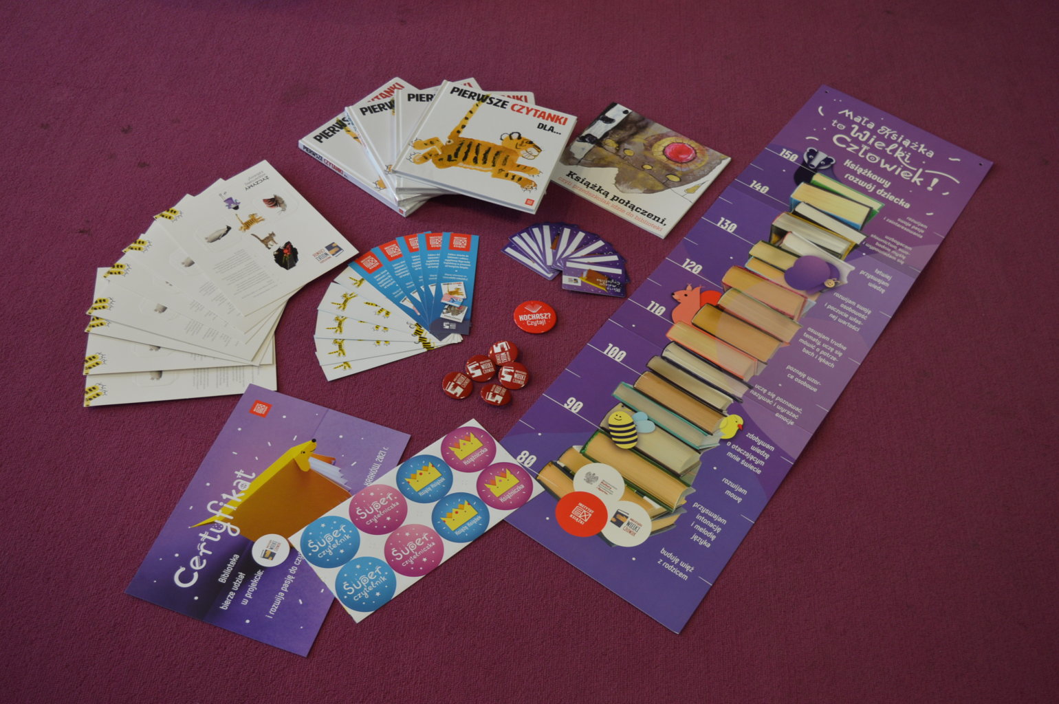 Zbiór naklejek, zakładek, ulotek kart i przypinki na Projekt Mała Książka - Wielki Człowiek.