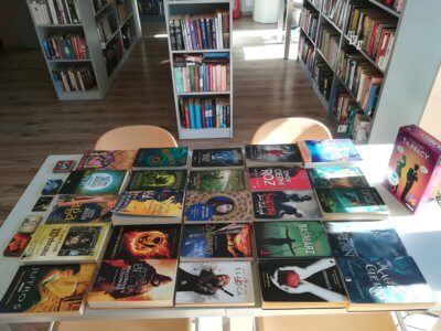 Zbiór książek i gier planszowych.