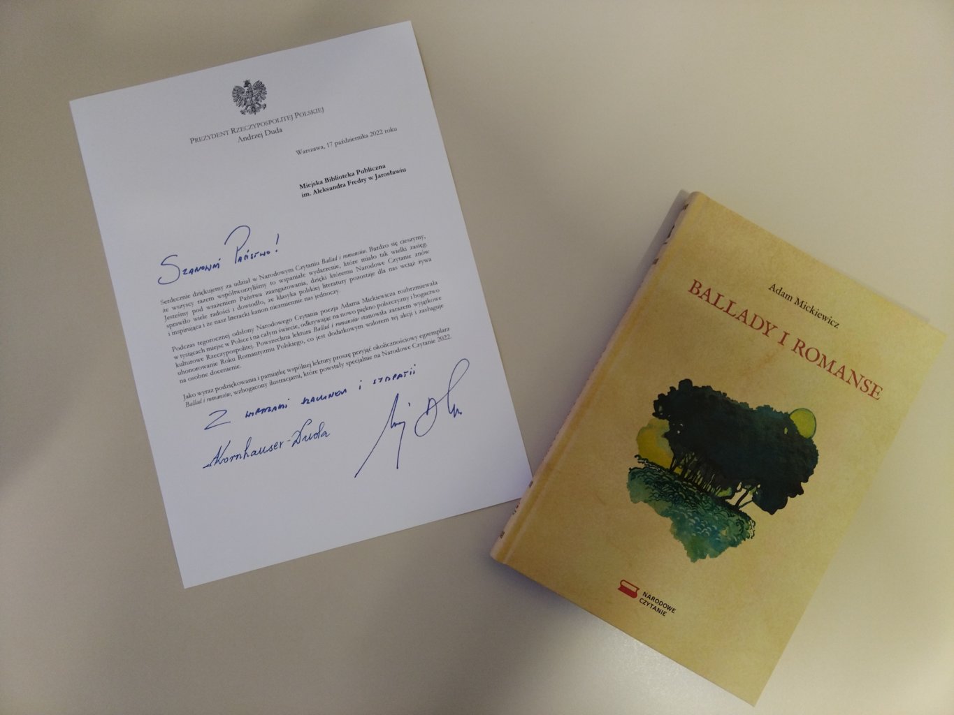 Podziękowanie za udział w Narodowy czytaniu Ballad i romansów.