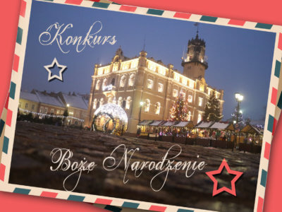 Kartka pocztowa z tekstem konkurs Boże Narodzenie, na tle ratusza w Jarosławiu.