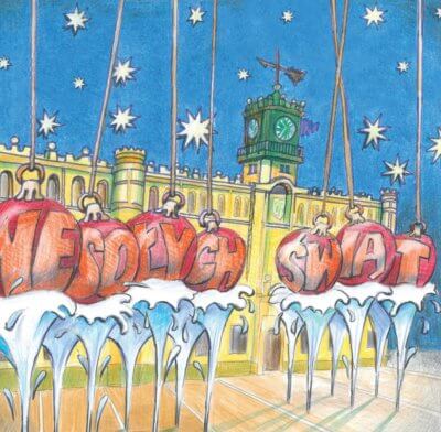 Plakat - Wesołych świąt napisane na wielkich bombkach unoszące się na strumieniu wody. W tle widać zamek.