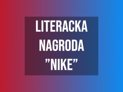 Biały napis o teści Literacka Nagroda NIKE na czerwono-niebieskim tle.