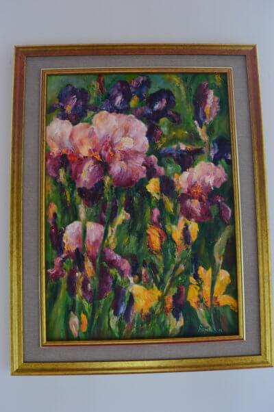 Obraz Henryka Filipczaka przedstawiający różowe kwiaty.