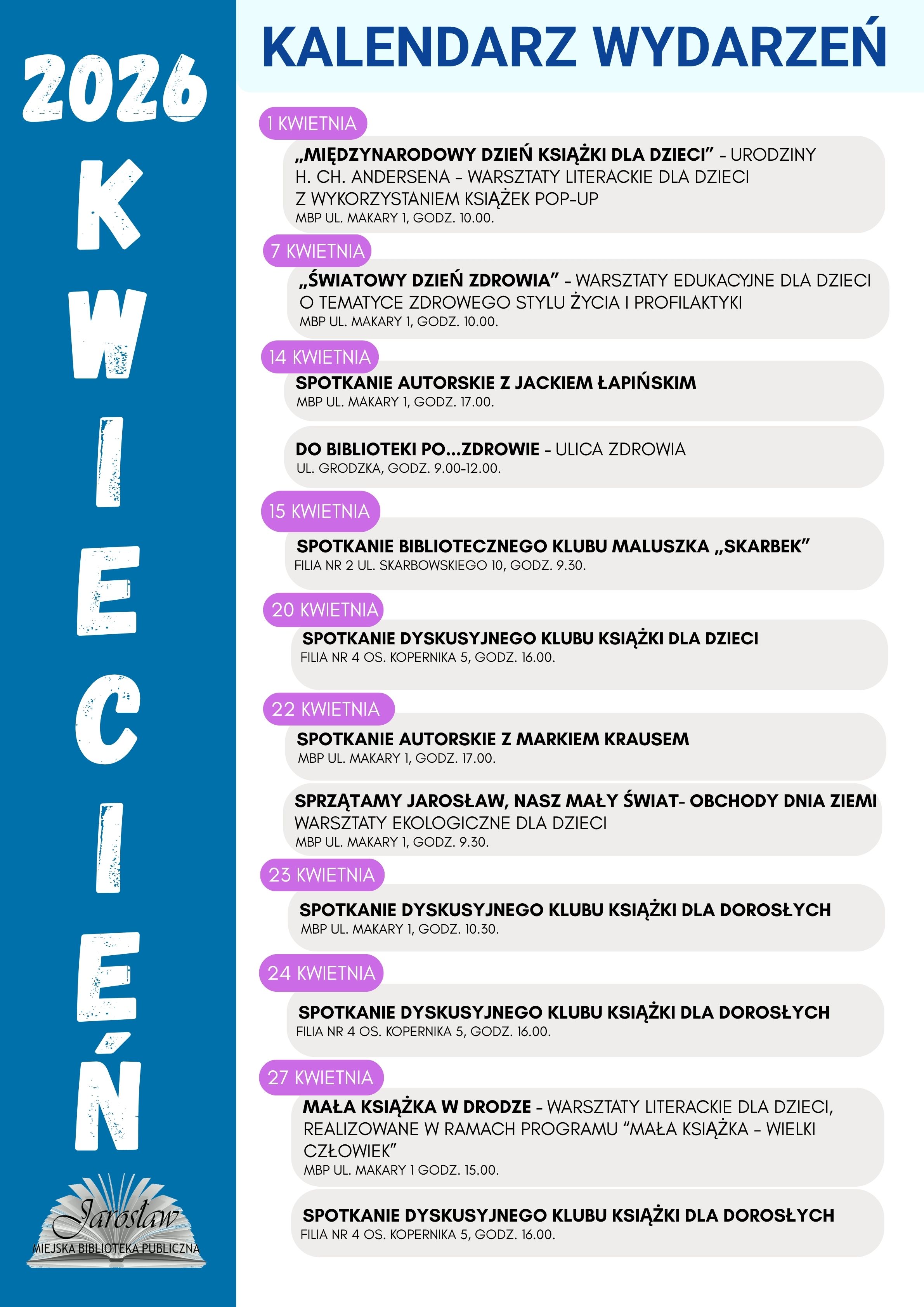 Kalendarz wydarzeń, które odbędą się w bibliotece w kwietniu