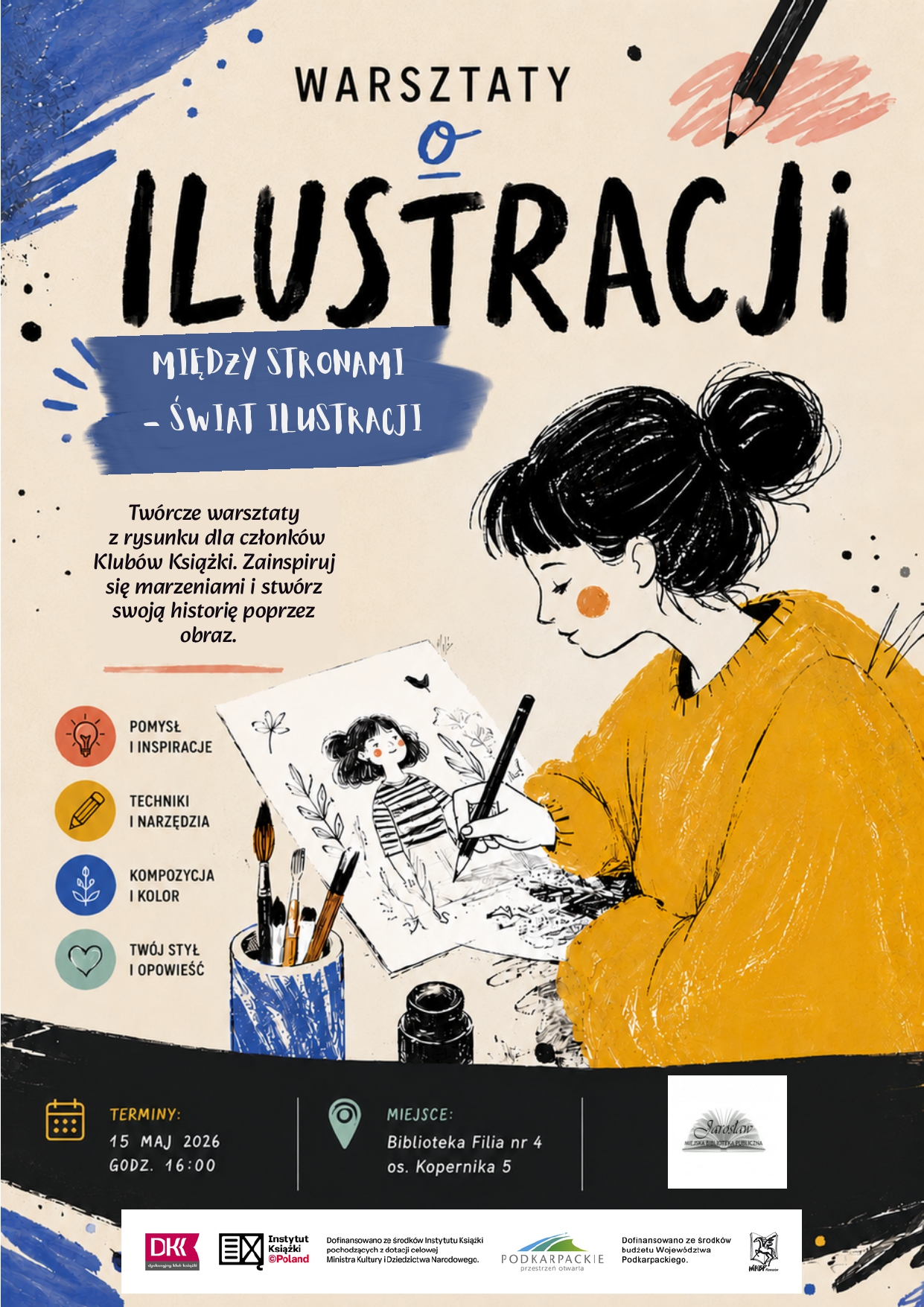 plakat informujący o warsztatach ilustracji